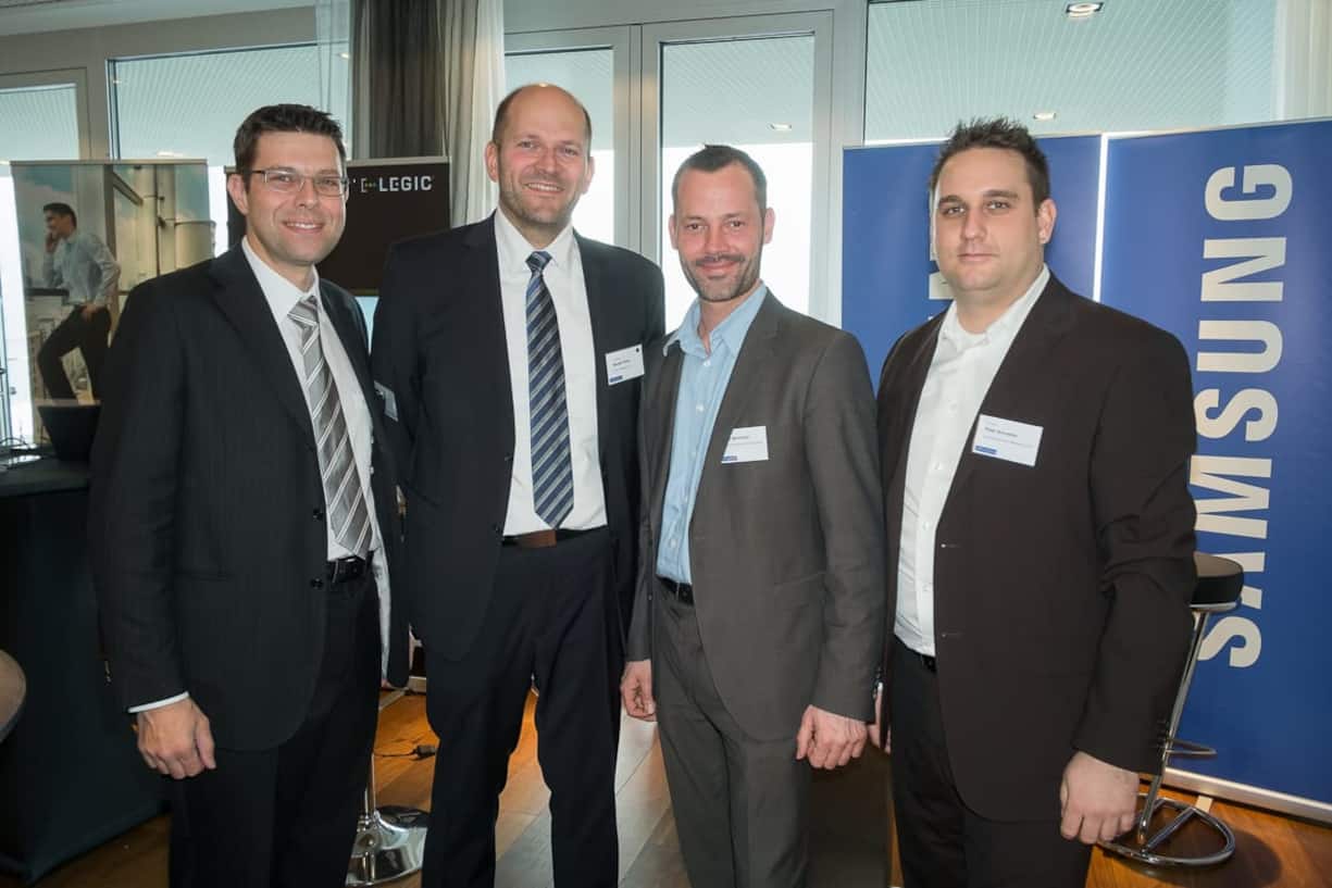 André Lüscher, Innovation Manager, Kaba Management + Consulting AG; Nicolai Finke, Head of Product Manager, Legic Identsystems AG; Marc Berchtold, Key Account Manager Enterprise Mobility, Samsung Electronics Switzerland GmbH; Peter Schneller, Product Manager Telecom Solutions, Samsung Electronics Switzerland GmbH