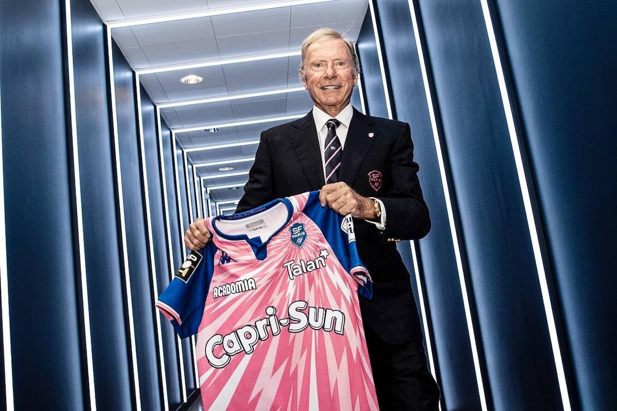 Hans-Peter WILD owner of Stade Francais present the new jersey of Stade Francais for the 2021/2022 season after the season opening press conference of the Stade Francais at Stade Jean Bouin on August 28, 2021 in Paris, France. (Photo by Baptiste Fernandez/Icon Sport via Getty Images)