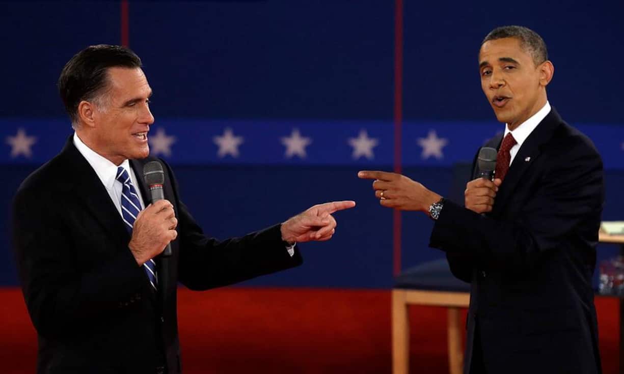 2012: Präsident Barack Obama und der frühere Gouverneur aus Massachusetts, Mitt Romney (l.), standen sich in drei hitzigen Debatten gegenüber. Mitt Romney zeigte jedoch Lücken, etwa seine Unkenntnis über die geografische Lage von Syrien, Irak und Iran. Obama präsentierte sich selbstbewusst.