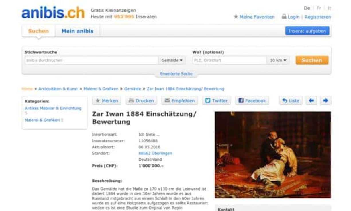 Kunst boomt, auch bei Anibis. Ob das Gemälde aus dem 19. Jahrhundert aber wirklich 1'000'000 Franken wert ist, muss jeder potenzielle Käufer für sich selbst entscheiden.