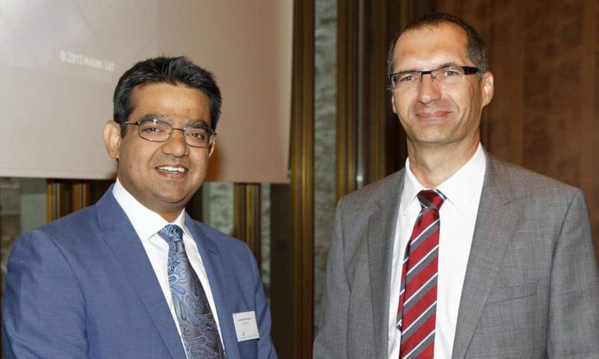 Sharad Shrivastava, Aegon N.V.; Peter Stopfer, Holcim am CEO Luncheon Swiss-American Chamber of Commerce und Bernard Fontana. (v.l.n.r.)