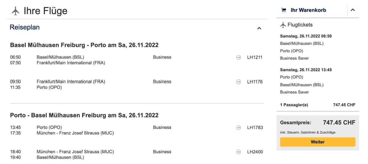 Flug Basel Mühlhausen nach Porto und zurück.