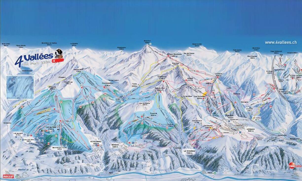 Auch ein Schweizer Verbund zählt zu den kostengünstigsten Angeboten: «Les Quatre Vallées» (mit den Orten Bruson, La Tzoumaz, Le Châble, Nendaz-Siviez, Thyon, Verbier, Veysonnaz) zählt 412 Kilometer, die mit einem Tagespass für 70 Franken befahren werden können – ergibt 17 Rappen pro Kilometer.