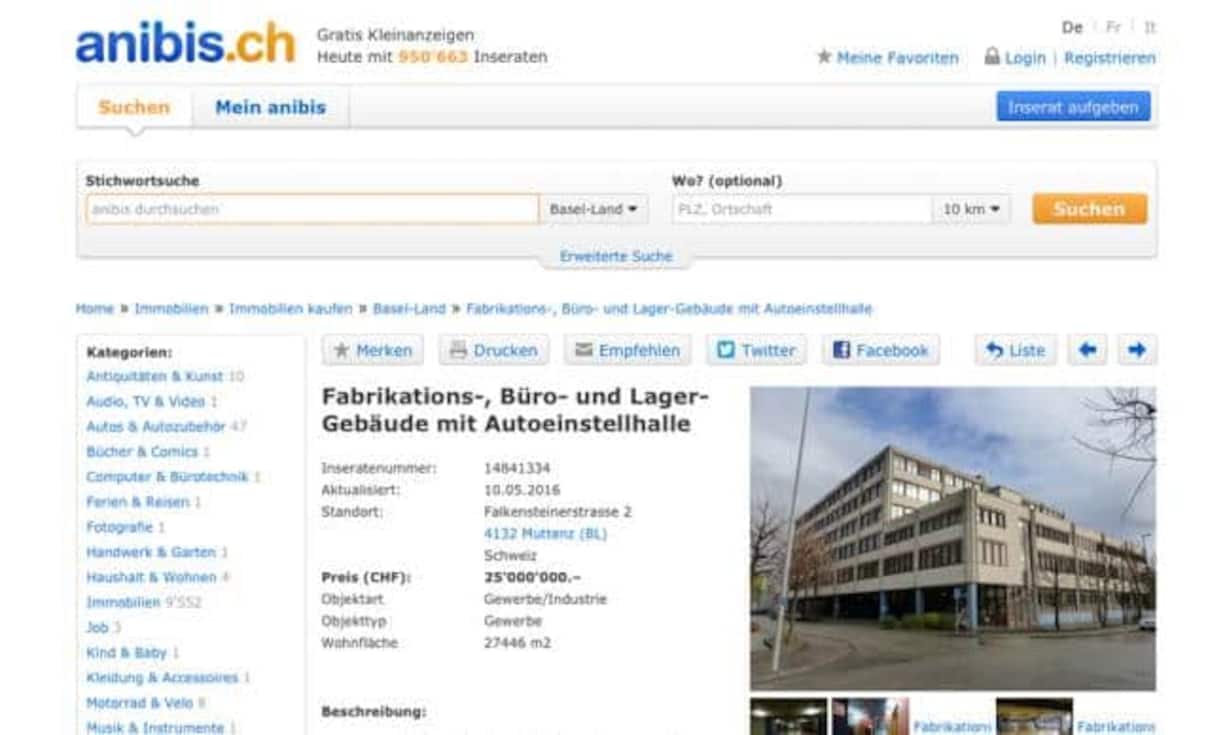Dieser Gewerbekomplex in Muttenz wird bei Anibis sogar für 25'000'000 Franken angeboten.