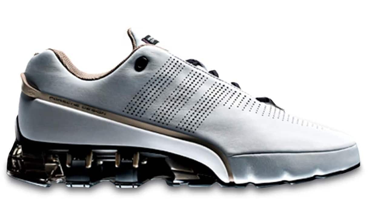 Porsche Design Sport P'5510 Bounce SL: Adidas entwickelte diesen Schuh exklusiv für die Sportpalette von Porsche Design. Das Dämpfungssystem Bounce verwendet wie beim Sportwagen Federn aus Metall. Sie dienen dem Komfort und sollen zudem für den Transfer von vertikal in horizontal wirkende Energie – und somit für schnelleres Vorwärtskommen – sorgen. Porsche Design 500 Franken