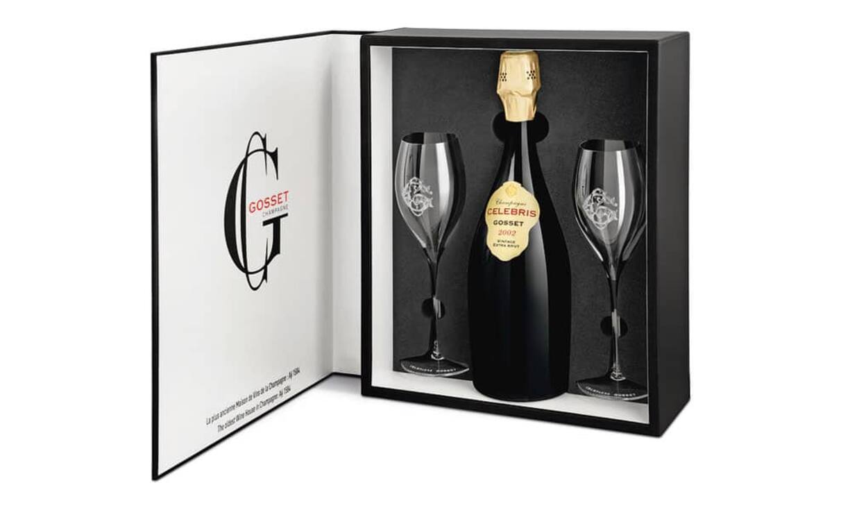 GossetDiese wunderschöne Box enthält eine Flasche Célébris Extra Brut 2002 und zwei Champagner-Gläser (250 Franken bei ausgewählten Kellereien).