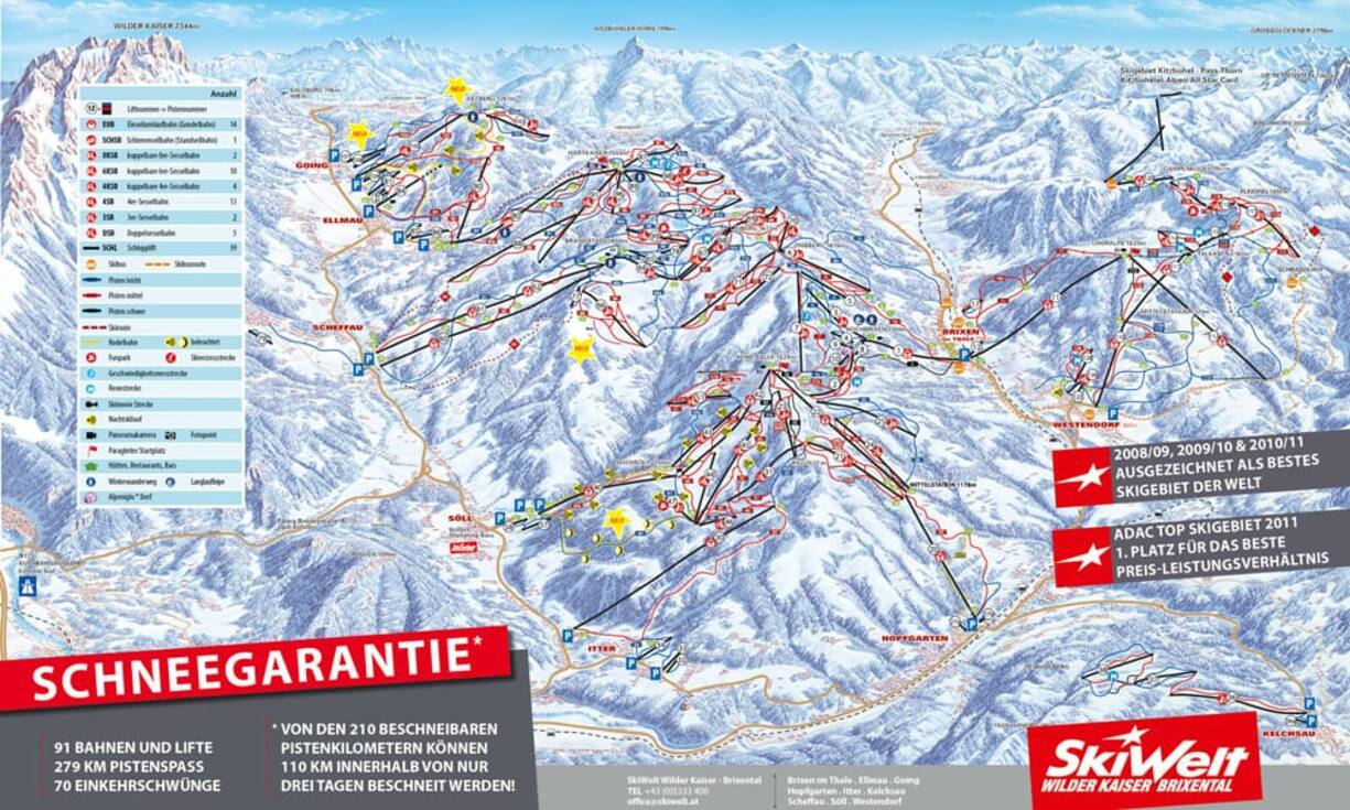 Die «Ski-Welt Wilder Kaiser-Brixental» in den Kitzbühler Alpen weist 279 Pistenkilometer auf. Kosten für den Tagespass: 44 Euro – entspricht also 20 Rappen pro Kilometer.