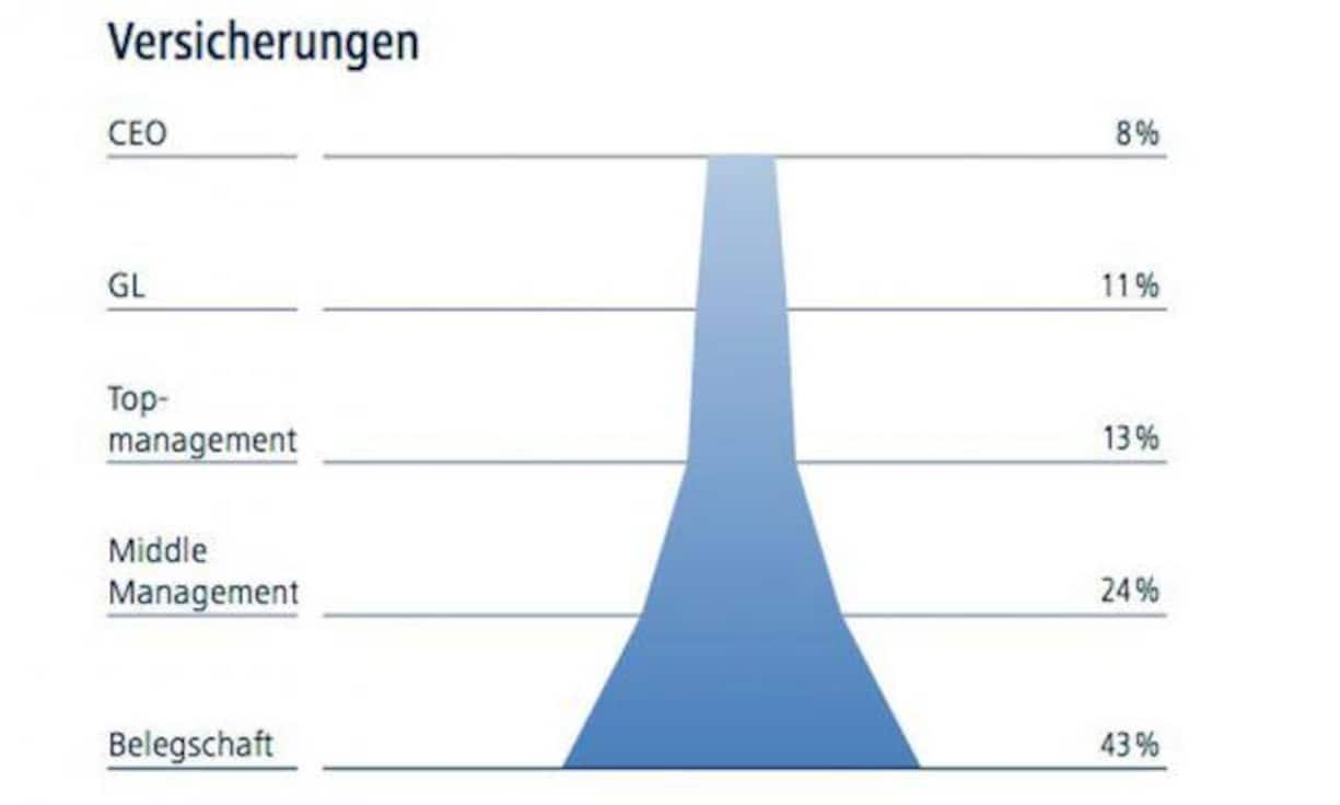 Versicherungen verfügen über eine breite Basis: 43 Prozent der Belegschaft ist weiblich. Über alle Ebenen ist der Frauenanteil grösser als im Durchschnitt aller befragten Unternehmen.