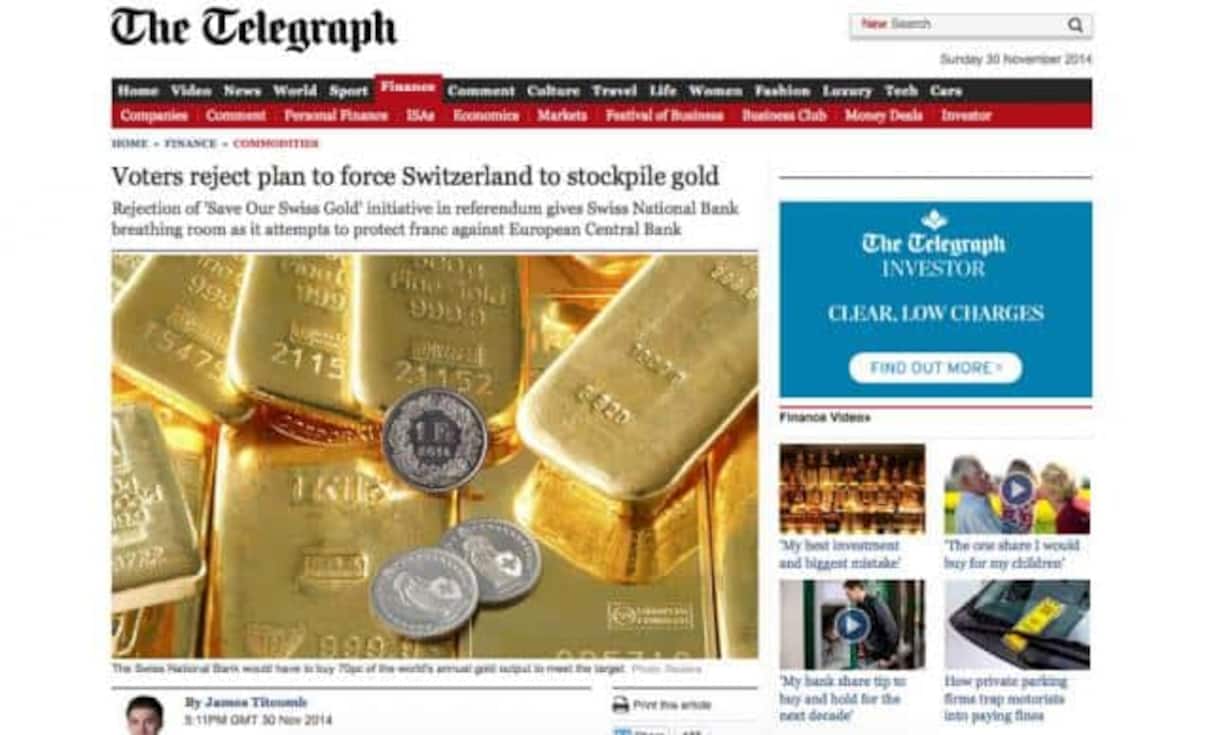 Nach dem dreifachen Nein: Die Gold-Initiative ist im Fokus der Berichterstattung des britischen «Telegraph». Die SNB habe nun wieder Luft zum Atmen, schreibt die Zeitung. Viel Luft habe sie aber nicht: Wenn Draghi Ernst macht mit der lockeren Geldpolitik im Euro-Raum, müsste sie sich bald wieder ins Zeug legen, um die Untergrenze zu halten. Wenigstens müsse sie jetzt aber kein Gold zukaufen, um die Grenze zu verteidigen.