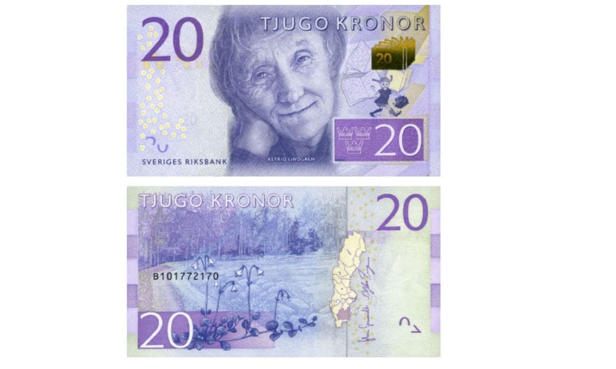 ... der schwedische 20-Kronen-Schein mit dem Konterfei von Astrid Lindgren, ...