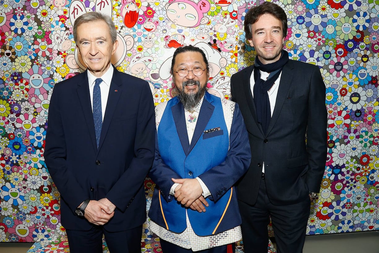 PARIS, FRANCE - APRIL 09:  (L-R) Owner of LVMH Luxury Group and President of the Louis Vuitton Foundation, Bernard Arnault, Japanese Artist Takashi Murakami and General manager of Berluti Antoine Arnault attend "Au Diapason Du Monde" Exhibition at Fondation Louis Vuitton on April 9, 2018 in Paris, France.  (Photo by Julien M. Hekimian/Getty Images)