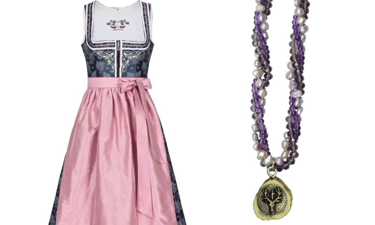 Sportalm Dirndl in Blau mit rosa Schürze 499 EuroLumisha Perlenkette mit Hirschanhänger 89,95 Euro