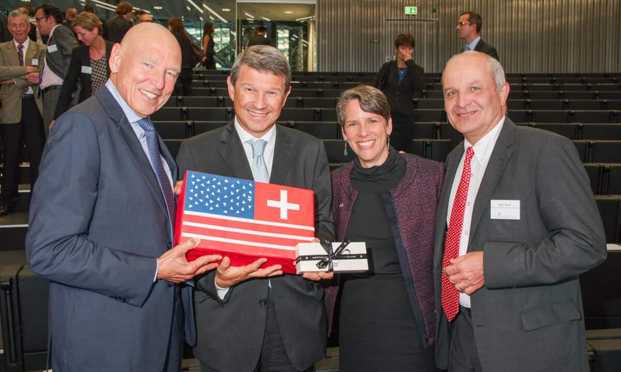 Peter Brabeck-Letmathe, Verwaltungsratspräsident Nestlé; Patrick Firmenich, Preisträger Gallatin Award 2014; Suzi LeVine, Botschafterin der USA in der Schweiz; Martin Naville, CEO, Swiss-American Chamber of Commerce