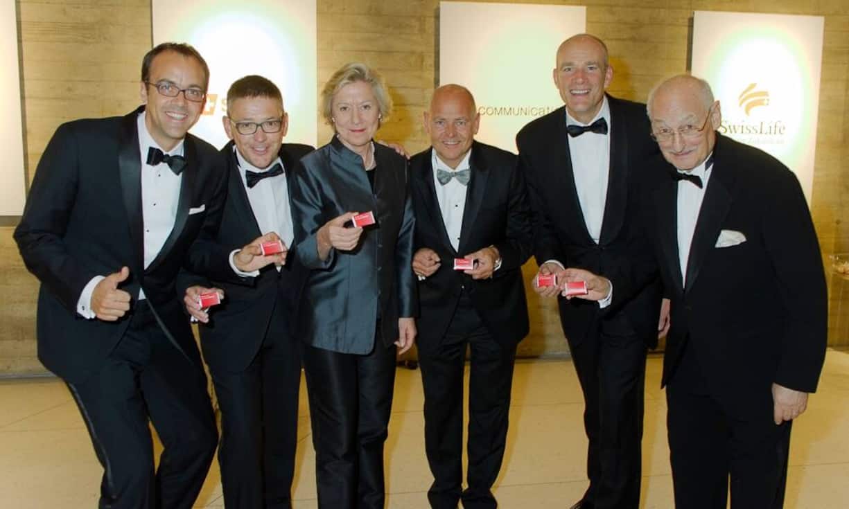 Sponsoren II, Gruppenbild mit Dame: Markus Binkert, Swiss; Hans-Jakob Stahel, Swiss Life AG; Doris Albisser, CLS Communication AG; Morten Hannesbo, AMAG; Barend Fruithof, CS; Roger-Nicolas Balsiger, H. Moser & Cie