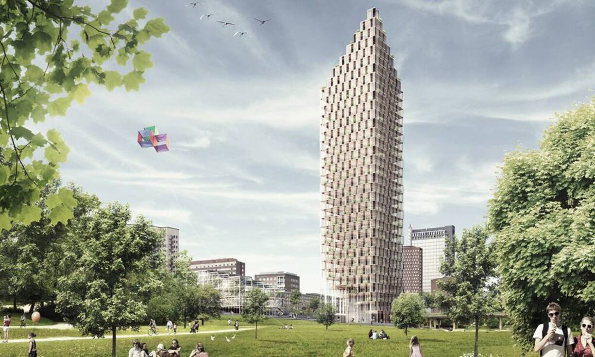 Sogar rund 100 Meter hoch wäre dieser Bau von CF Møller in Stockholm. Doch die Holzbauweise ist nicht nur ein nordisches Phänomen...
CF Møller