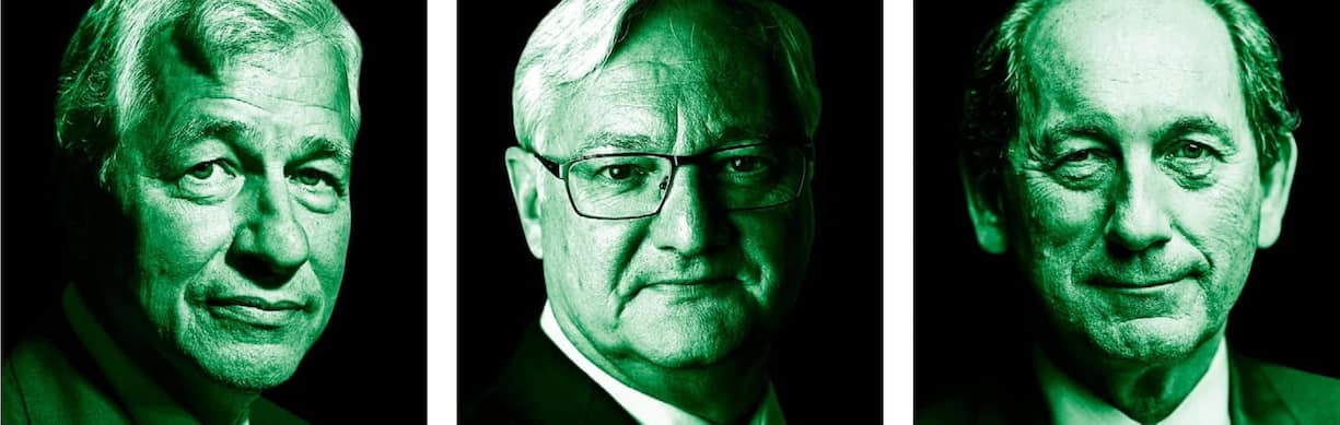 Jamie Dimon (J.P. Morgan) will Mitarbeiter fördern, Peter Voser (ABB) mehr Strom im Verkehr und Paul Bulcke (Nestlé) mehr fleischloses Essen (v.l.).