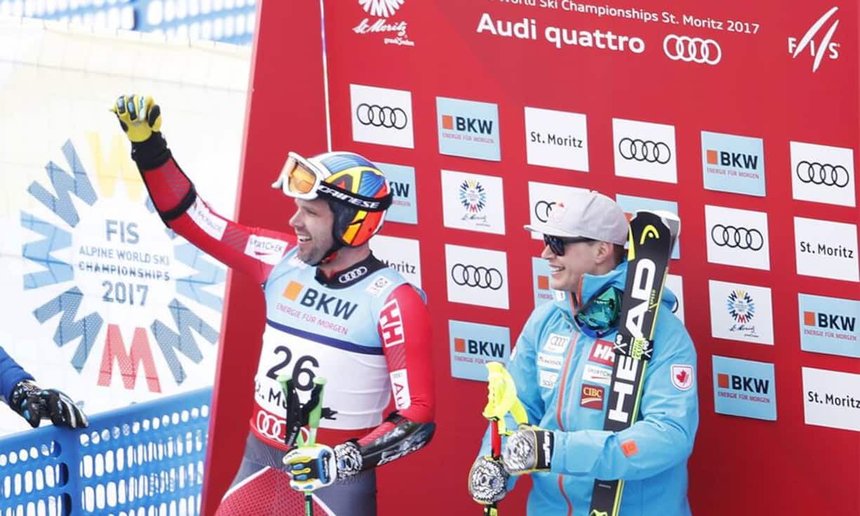 Besser läuft es für die Kanadier: Erik Guay (r.) holt Gold. Überraschend schafft es sein Landsmann Manuel Osborne-Paradis ebenfalls aufs Treppchen - er holt Bronze.