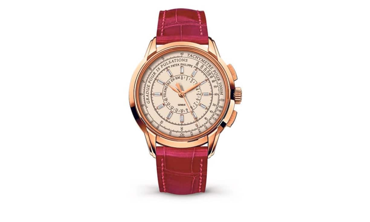 Referenz 4675: Das Messinstrument mit Stoppuhr, aber auch mit Pulso- (Herzschläge), Tachy- (Geschwindigkeit) sowie Telemeter (Entfernung). Das Geheimnis der Skalen ist ihre logarithmische Einteilung, wie man sie vom klassischen Rechenschieber kennt. Limitiert auf 500 Stück (Herren, Referenz 5975, Gelb- oder Roségold, Platin) und 300 Stück Damen (Weiss- oder Roségold) Preise: 53 000 Franken (Männer); 55 000 Franken (Damen)