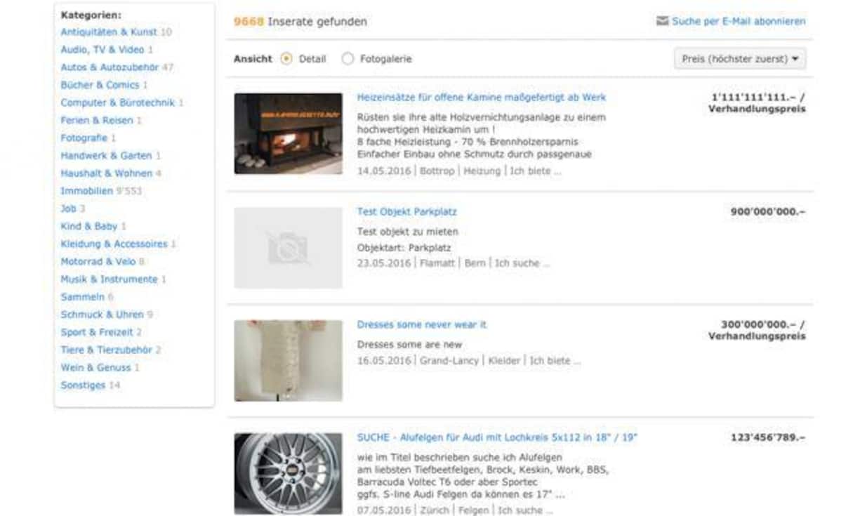 Allerdings müssen die kolportierten Preise auf der Webseite bei Anibis und anderen Plattformen nicht auch den tatsächlich bezahlten entsprechen. Die Betreiber von Anibis sind nicht in die Transaktion involviert und verdienen auch nicht daran. Es können deshalb auch Fantasiepreise wie 1'111'111'111 Franken veranschlagt werden.
Screenshots/Webseiten