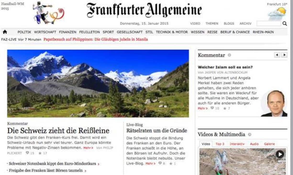 FAZ, Deutschland: Das Traditionsblatt titelt «Schweiz zieht die Reissleihne.» Im Nachbarland befürchtet man, die schweizerische Wirtschaft könnte nun in die Rezession rutschen.