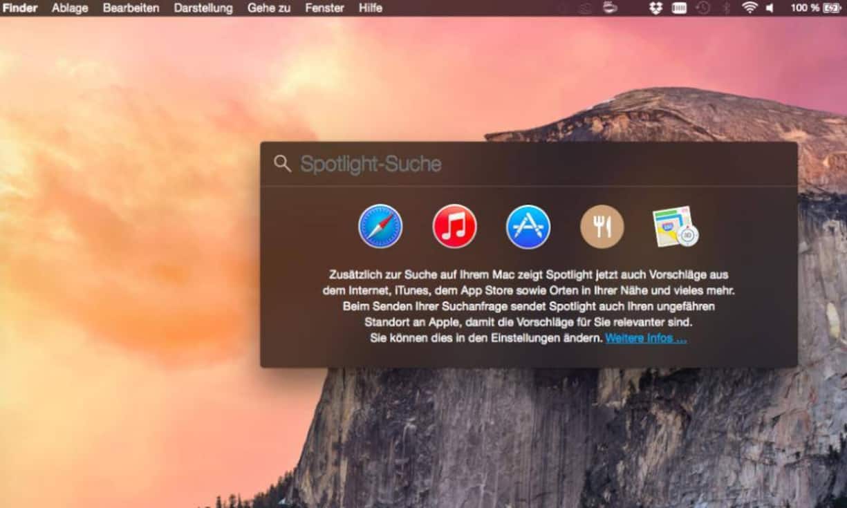 Spotlight, die interne Suche, erhält mehr Funktionen. Die Vorschau der Ergebnisse wird automatisch angezeigt. Künftig rücken die Spotlight-Ergebnisse in die Mitte des Bildschirms.