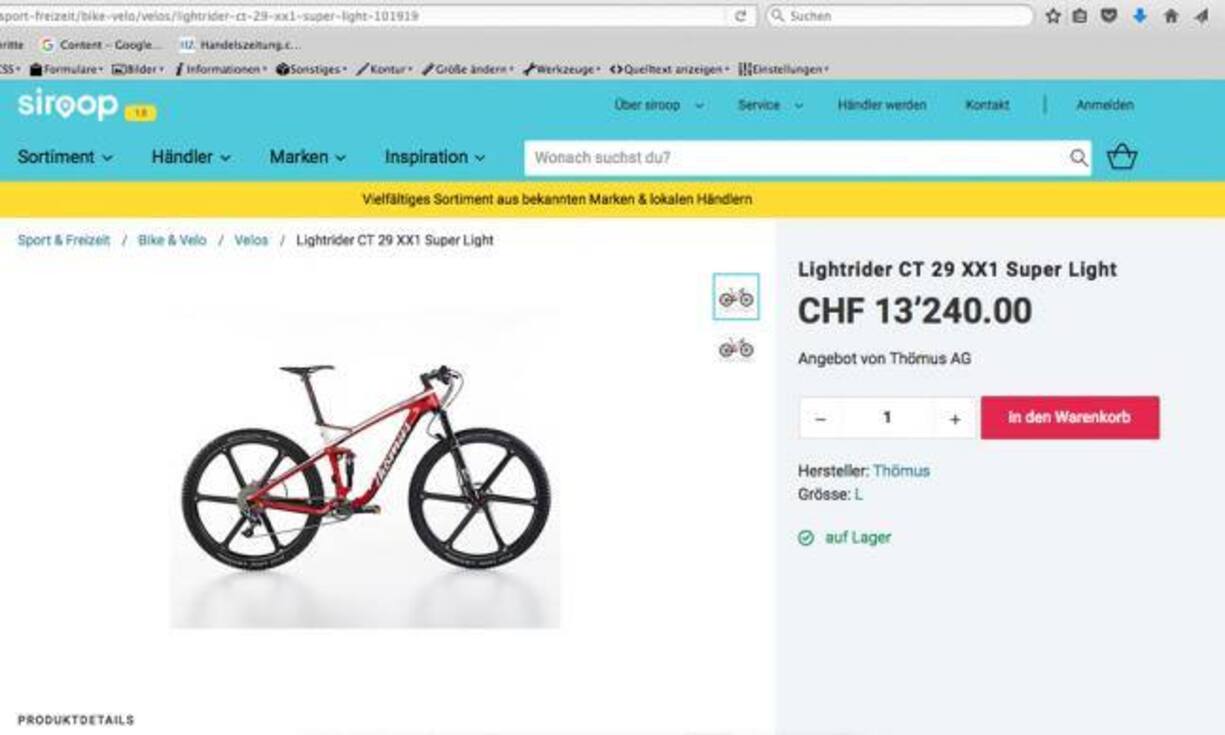 Der neue Schweizer Onlineshop Siroop ist ein Marktplatz für lokale Geschäfte. Teuer ist zum Beispiel dieses Velo. Thömus aus Thörishaus verkauft den «Lightrider CT 29 XX1 Super Light» für 13'240 Franken.