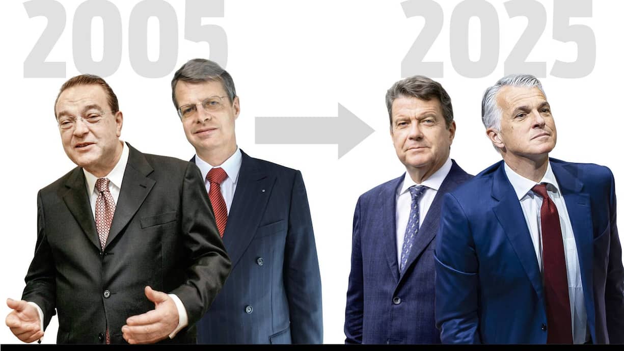 2005: Banken mit Staat
Sie führten die Grossbanken vor 20 Jahren zu Rekordergebnissen – mit staatlichem Wohlwollen: Oswald Grübel (l.) von der CS, Peter Wuffli von der UBS.
2025: Bank gegen Staat
Sie haben trotz erfolgreicher CS-Übernahme keinen Goodwill bei den öffentlichen Behörden: UBS-Präsident Colm Kelleher (l.), CEO Sergio Ermotti.