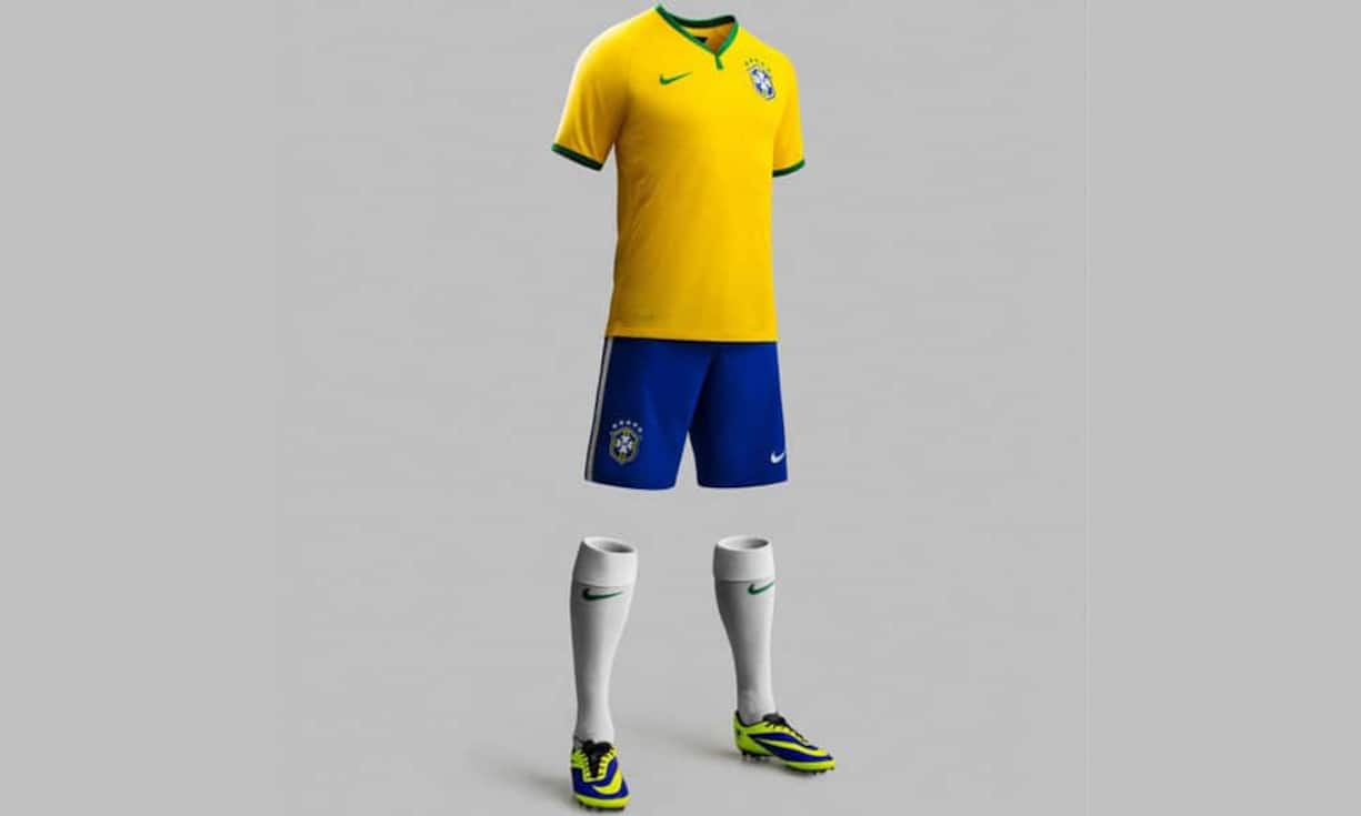 Top: Ohne Firlefanz, aber im brasilientypischen Trikot in Gelb mit ein bisschen Grün am Ausschnitt und den Ärmelenden werden die Kicker des Austragungsortes auf dem Platz stehen. Auch das Nike-Logo ist im selben Grün gehalten.