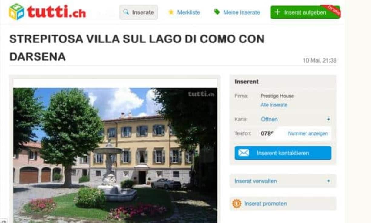 Immobilien bilden bei Tutti grundsätzlich die teuerste Kategorie. Diese Villa im Tessin wird für 13'000'000 Franken angeboten...