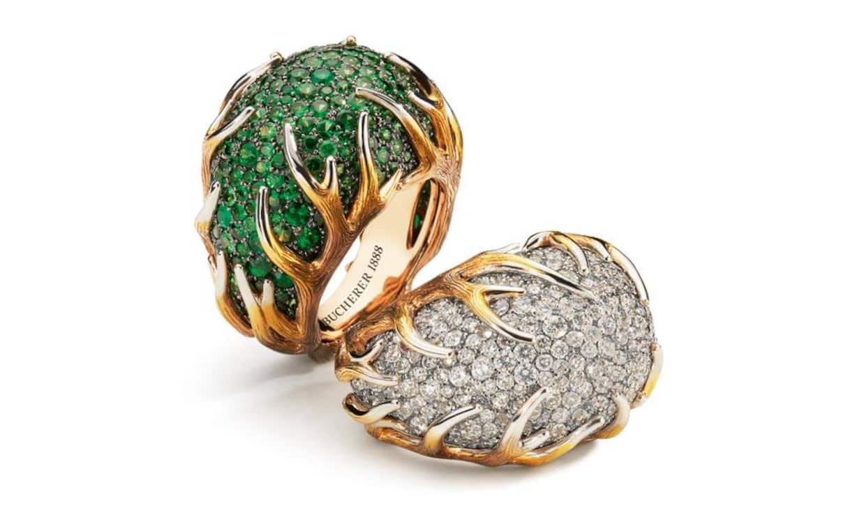 Jubiläumskollektion von Bucherer: Ringe Autumne (Herbst) aus Gold mit Tsavoriten und Brillanten.