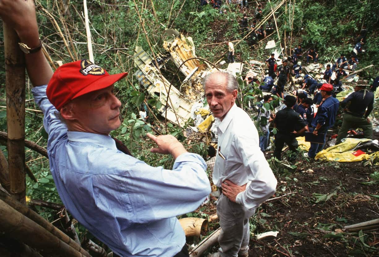KANCHANABURI, THAILAND - 1991/05/01: Nicki Lauda visits the crash site where one of the planes from Lauda Air crashed in the jungles of western Thailand with no survivors.. (Photo by Peter Charlesworth/LightRocket via Getty Images)