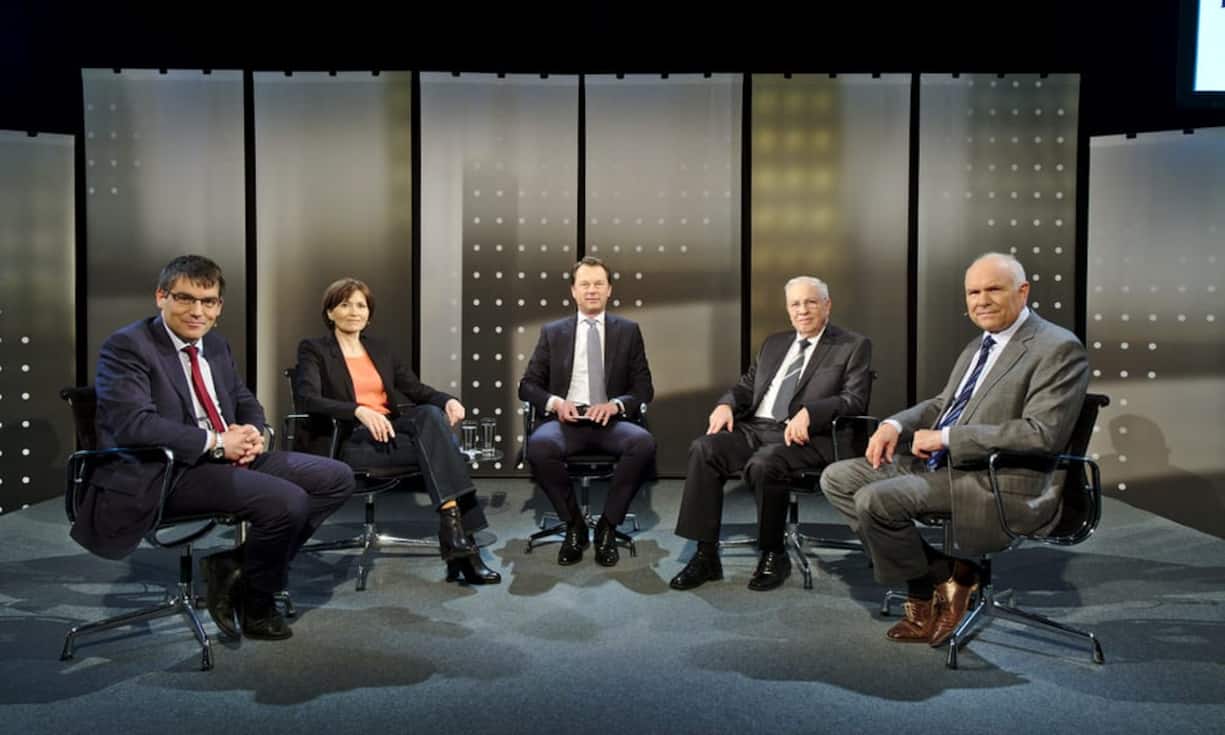 Roger Nordmann;
Regula Rytz;
Dirk Schütz;
Christoph Blocher;
Hans Hess (Bildlegende v.l.n.r.)