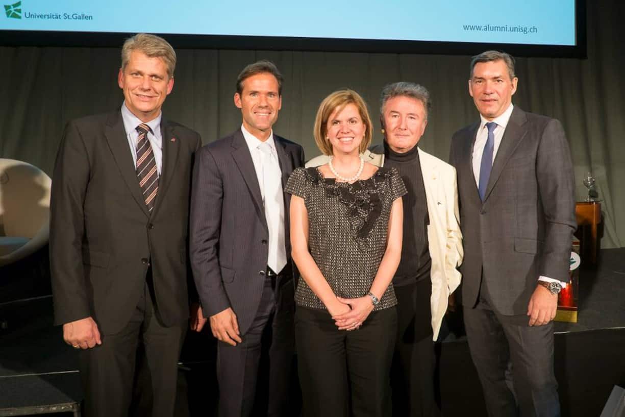 Die Panelisten zum Thema "Mobilität": Harry Hohmeister, CEO Swiss International Air Lines; Moderator Peter Zehnder, Egon Zehnder International (Schweiz) AG; Monica Menendez, ETH Zürich; Bruno Stanek, Weltraumexperte; Martin C. Wittig, Roland Berger Strategy Consultants
