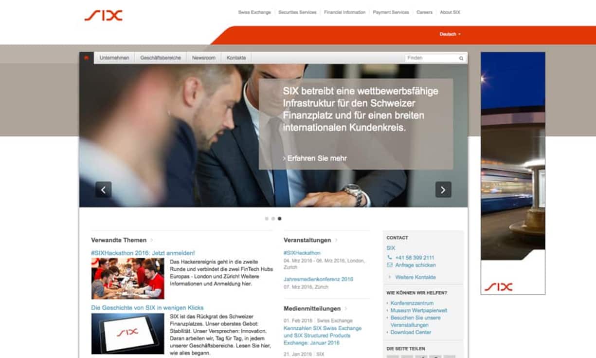 In Kooperation mit Comprend hat das italienische Beratungsunternehmen Lundquist die Online-Kommunikation von nicht-börsennotierten Firmen bewertet. Die Unternehmen mit den besten Webauftritten in der Schweiz: Platz 10: SixPunktzahl: 37,3 von 80 (Vorjahr: nicht gelistet)