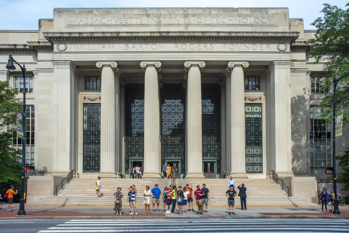 Neoclassical architecture columns and stairs to the entrance of the Massachusetts Institute of Technology in Cambridge,