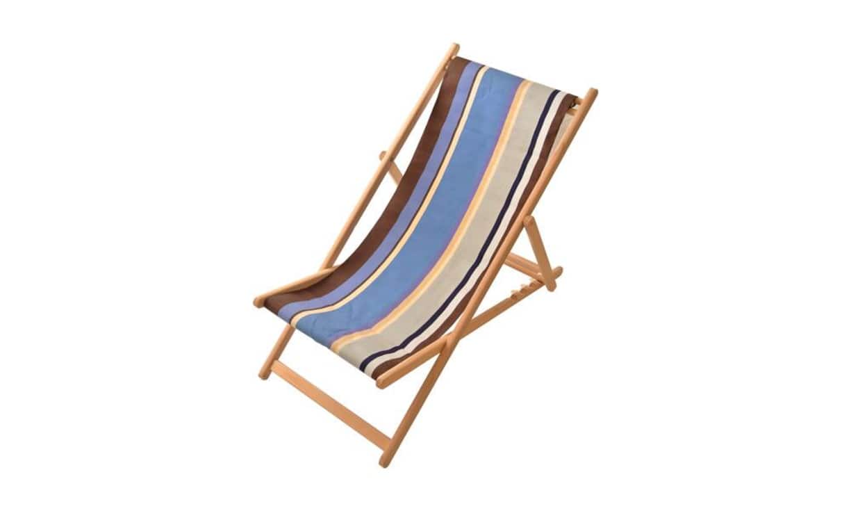 Viele bunte StreifenDie Stoffe des französischen Textilherstellers Les Toiles du Soleil in St-Laurent-de-Cerdans sind echte katalanische Handwerkskunst. Das Liegestuhlmodell besteht aus einem geölten Buchengestell, die Webstoffe sind aus Baumwolle und in zahllosen farbenfrohen Varianten erhältlich.Aussteller: Ademas