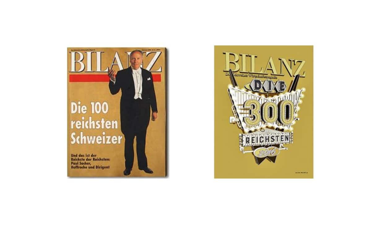 28 Jahre Berichterstattung: Als «Bilanz» 1989 erstmals die Reichstenliste publizierte, besassen die damals erfassten 100 Allerreichsten zusammen 66 Milliarden Franken. Heute verfügen alleine die zwei Reichsten, die Familie Kamprad sowie Jorge Lemann, mit 73 Milliarden über mehr Vermögen als damals alle 100 zusammen. Im Bild sehen Sie links das Cover von 1989, rechts das der aktuellen Ausgabe.