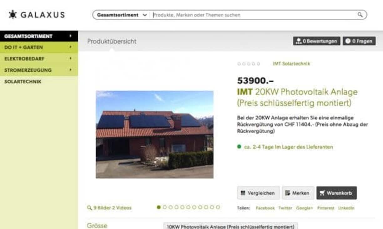 Viel teurer und auch etwas sperriger ist indes diese Photovoltaik-Anlage. Wer sie über den Onlineshop von Galaxus bestellt, bekommt sie inklusive Montage für 53'900 Franken.