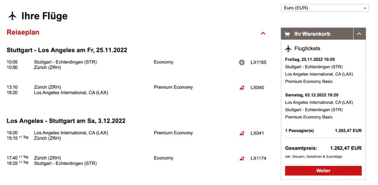 Swiss Flug Stuttgart-Los Angeles und zurück.