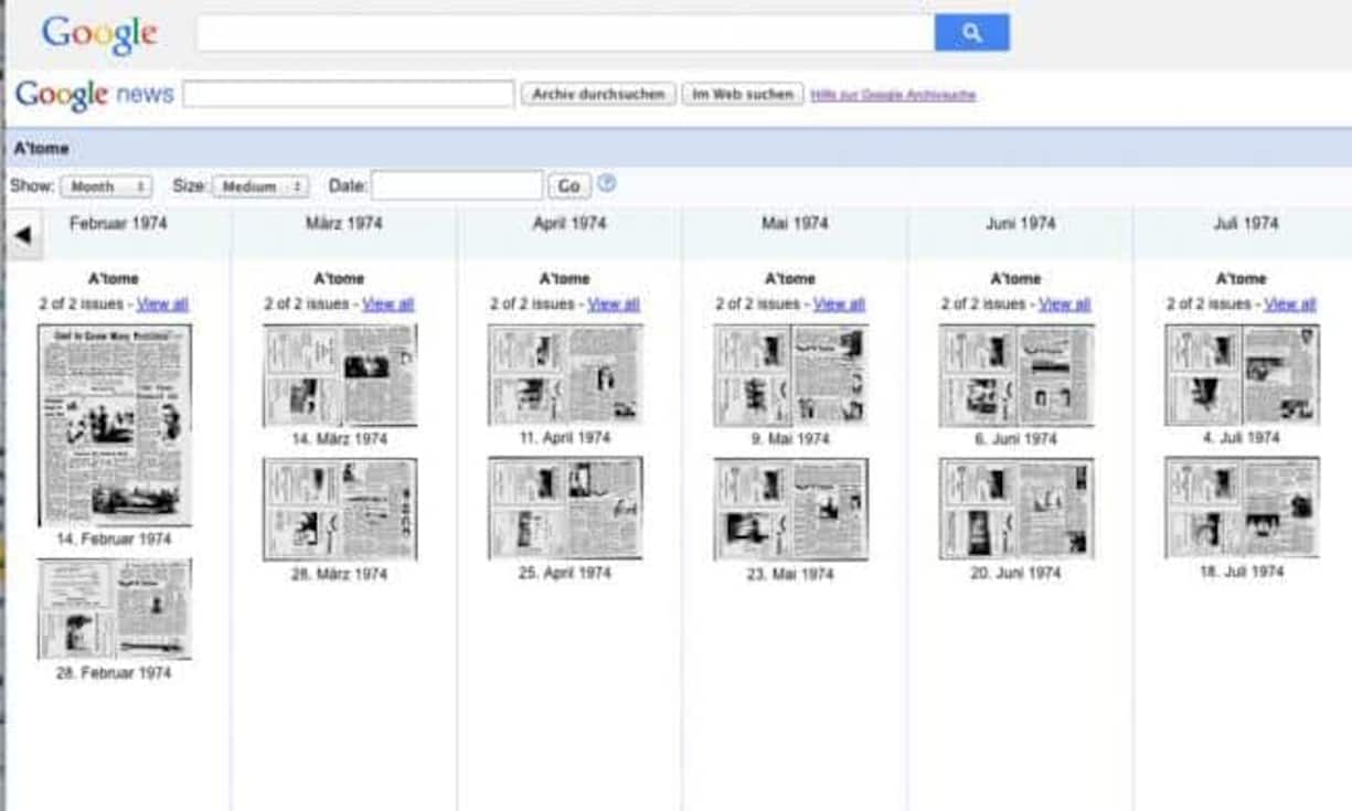 ArchivsucheDie Archivsuche per Google News ist seit Dezember 2014 wieder aktiv. Sie bietet an, englisch- und französischsprachige Publikationen bis teils Mitte des 19. Jahrhunderts zu durchforsten.