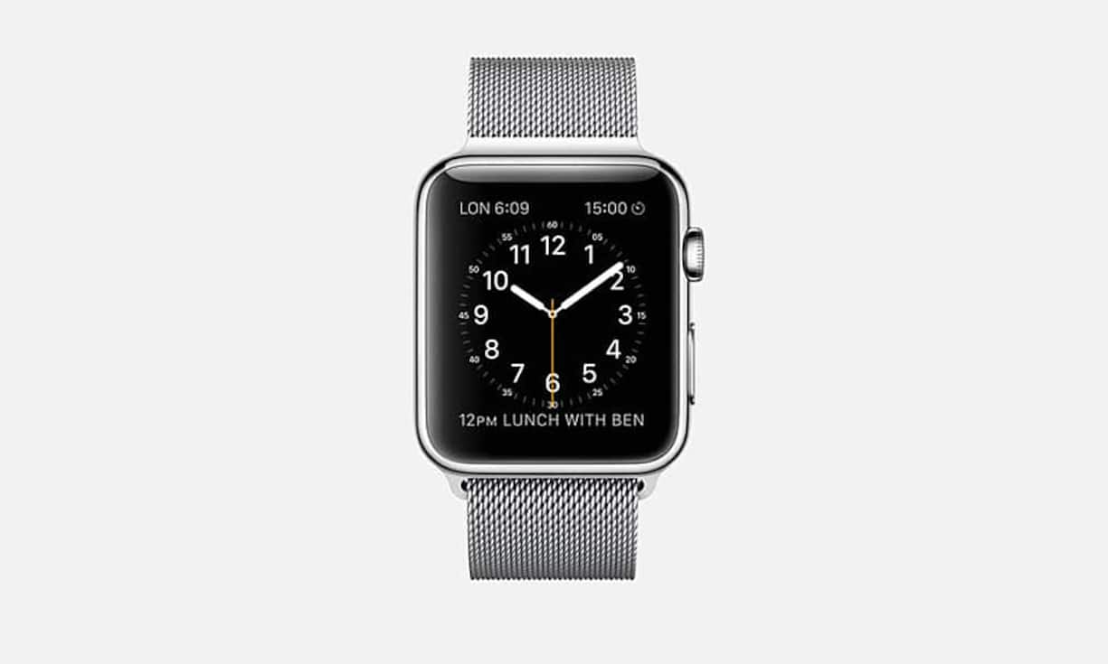 Apple Watch, 42 mm Edelstahlgehäuse mit Milanaise-Edelstahlarmband. Hersteller: Apple, Kalifornien.