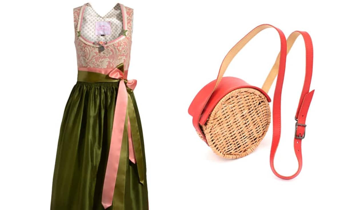 Amsel Dirndl in Rosé mit grüner Schürze 629 EuroRosaMosa handgemachte runde Korbtasche, rot 179 Euro