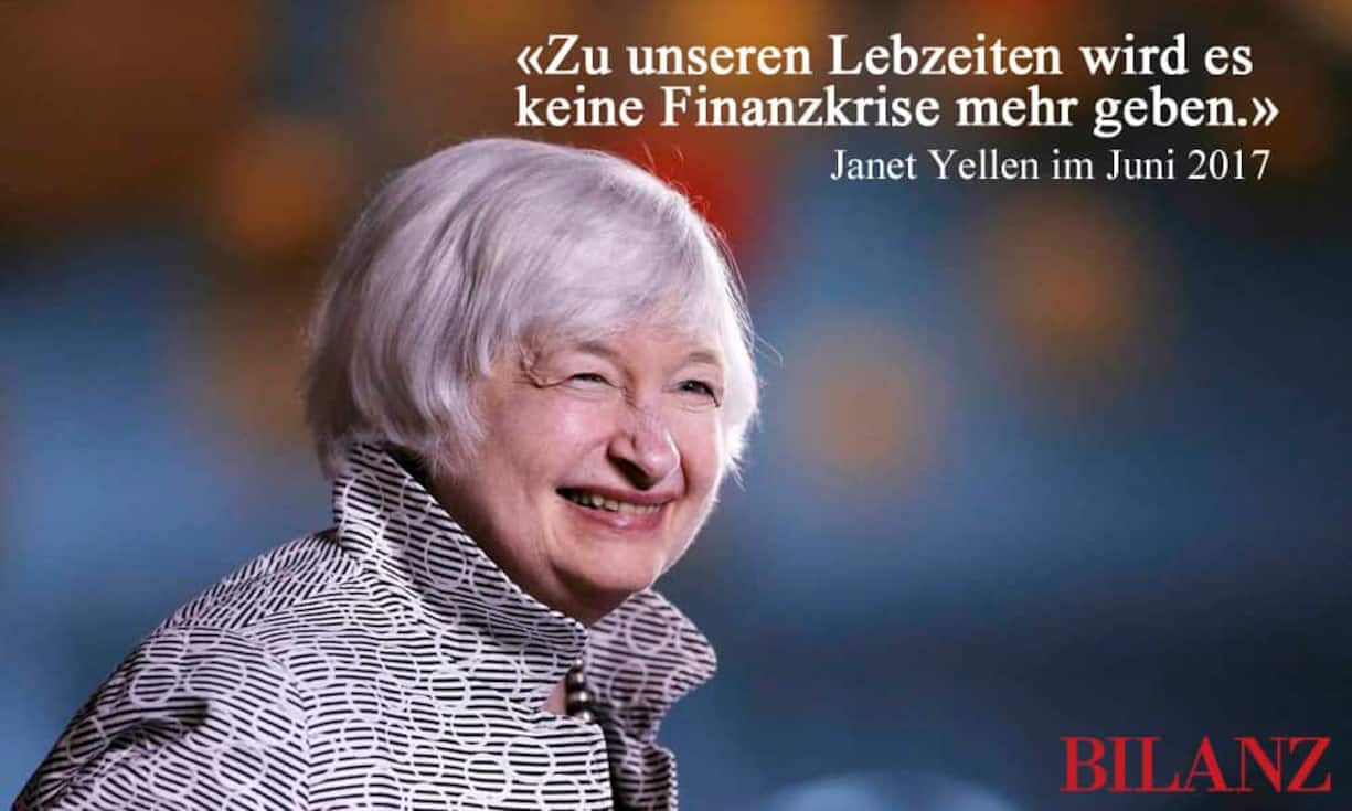 Die waghalsigsten Prognosen der Wirtschaftsgeschichte:Kürzlich äusserte die Fed-Präsidentin Janet Yellen, sie glaube nicht, dass es noch eine Finanzkrise zu Lebzeiten gäbe. Eine mutige Aussage. Ob sich diese Prognose bestätigt, wird sich zeigen.
Keystone