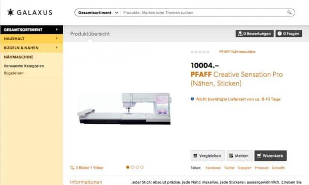 Beginnen wir mit Galaxus. Die Migros-Tochter verkauft diese (hoffentlich hochwertige) Nähmaschine für gut 10'000 Franken.