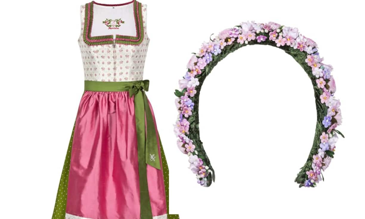 Sportalm Dirndl in grün/creme mit pinker Schürze 599 EuroMiss Lilly ́s Hats Handgemachter Blumenhaarreif 229,95 Euro