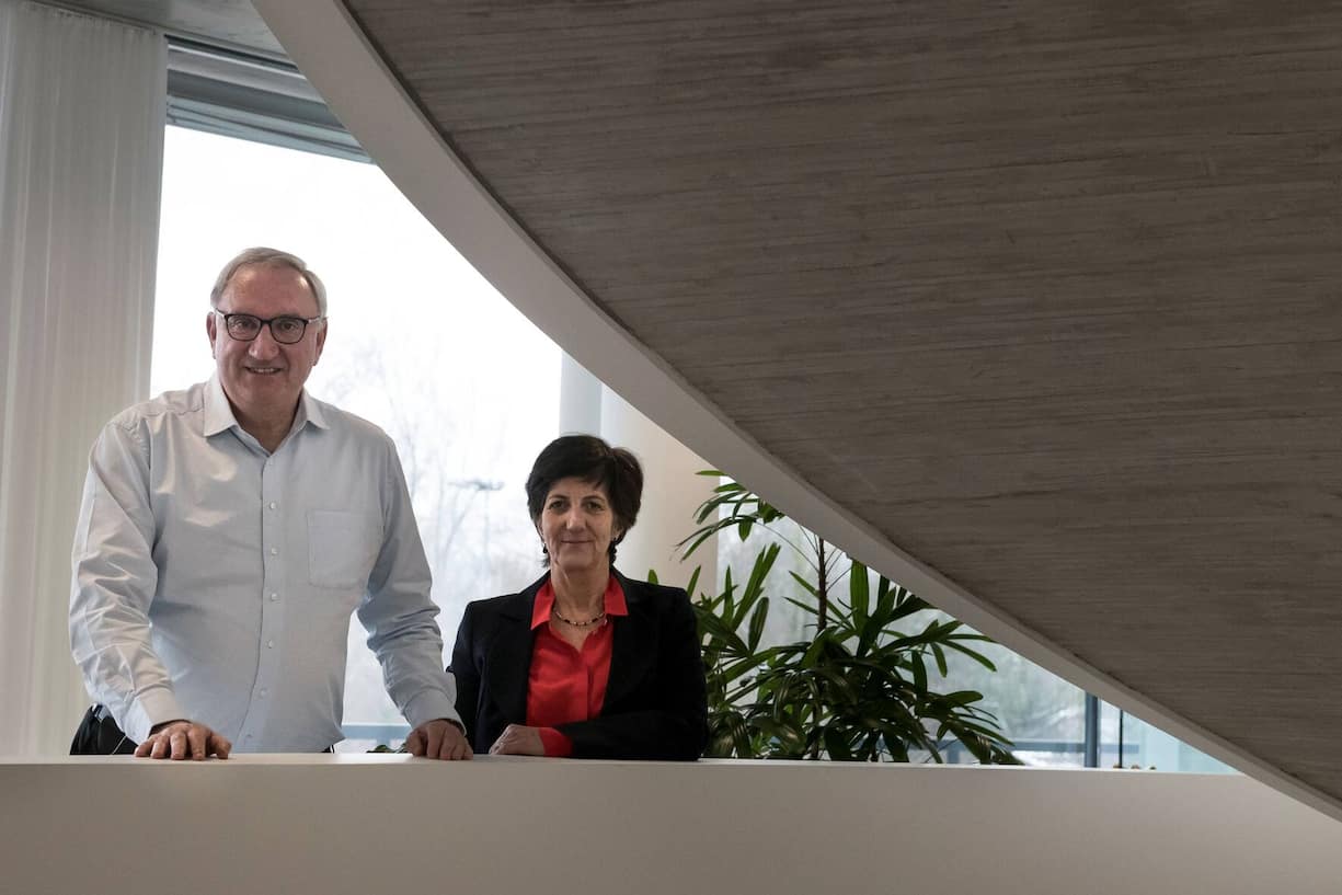 Idorsia pharmaceutical Chief Executive Officer (CEO) Jean-Paul Clozel (L) and Martine Clozel (R), Chief Scientific Officer (CSO) and Executive vice-president, pose at the Idorsia pharmaceutical headquarters in Allschwil, Switzerland on January 10, 2019. (Photo by SEBASTIEN BOZON / AFP)        (Photo credit should read SEBASTIEN BOZON/AFP/Getty Images)
