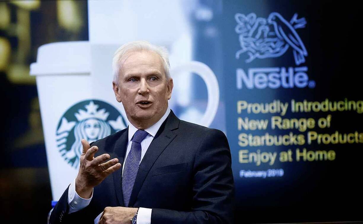 Patrice Bula, Nestle Executive Vice President and Head of Strategic Business Units, Marketing, Sales and Nespresso, addresses a news conference to announce that Nestle will sell Starbucks-branded coffee at grocery stores in Europe, Asia and Latin America at the company's headquarters in Vevey, Switzerland February 13, 2019. REUTERS/Arnd Wiegmann - RC1A542B74B0