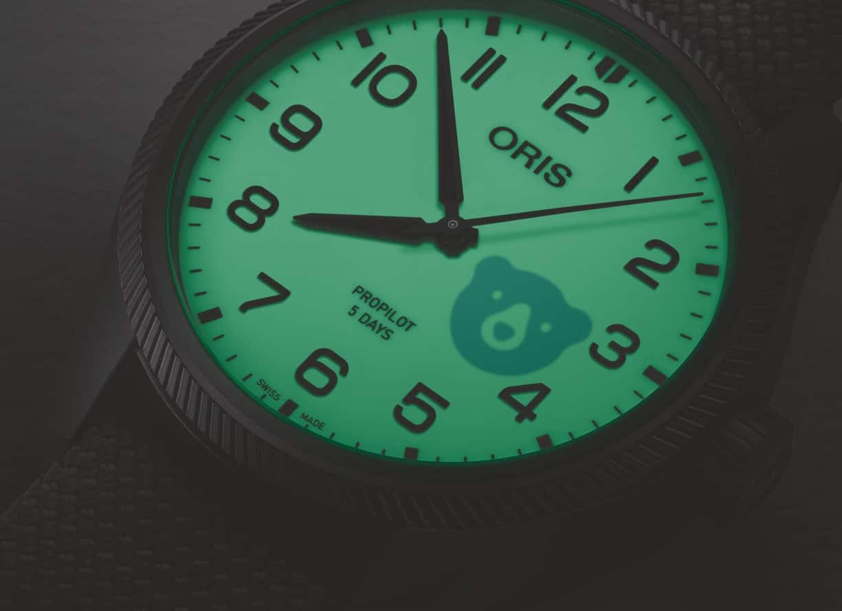 Im Dunkeln ist der Oris-Bär zu sehen.