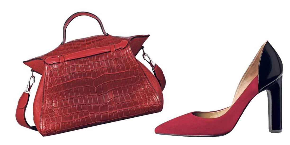 Hermès Eine Tasche von Hermès steht für generationsüberdauerndes Design und Qualität. So auch die neue Kreation «Oxer». Sie besteht aus Krokodil-, Kalbs- und Rindsleder und wurde mit dem berühmten Doppelstich von Hermès vernäht. Dazu gibt es passende Pumps, die von Pierre Hardy entworfen wurden. Preis: Tasche 42'100 Franken, Schuhe 810 Franken