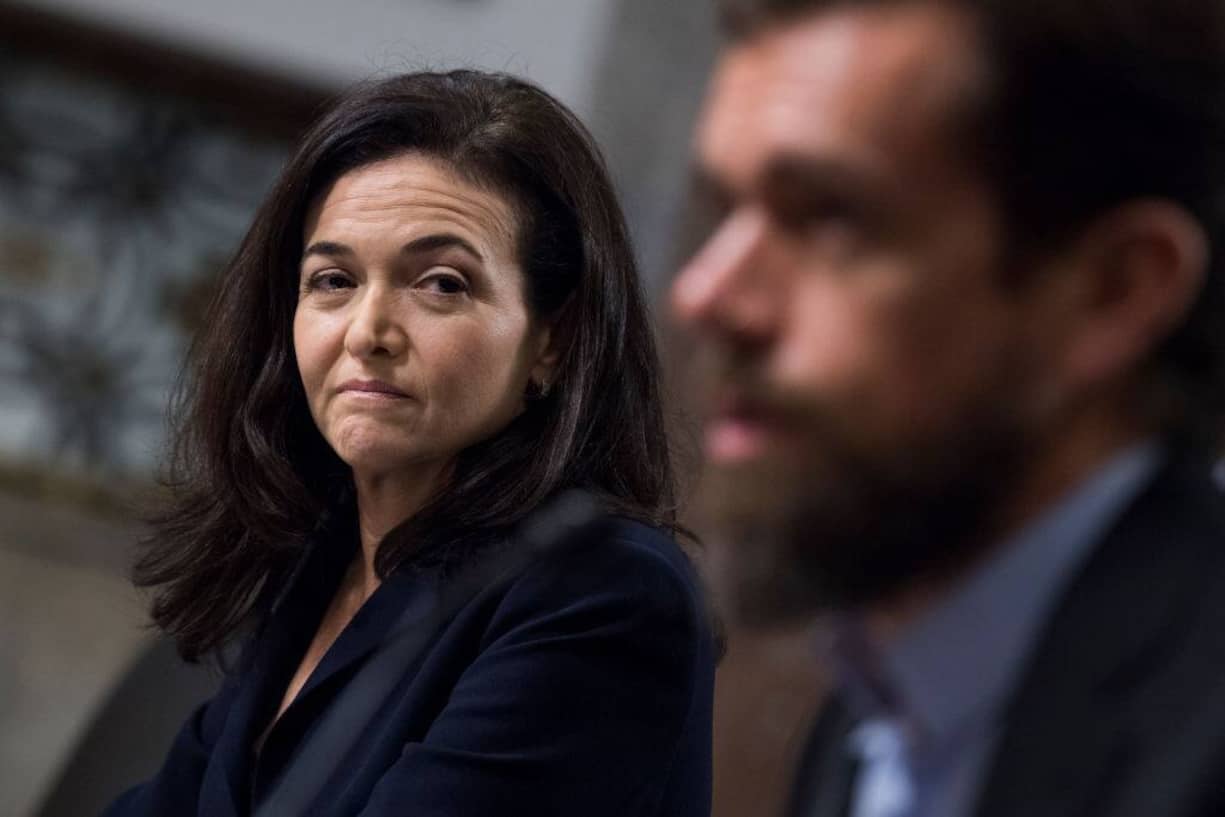 UNITED STATES - SEPTEMBER 05: Twitter CEO Jack Dorsey and Facebook COO Sheryl Sandberg, attend a Senate (Select) Intelligence Committee hearing in Dirksen Building where they testified on the influence of foreign operations on social media on September 5, 2018. (Photo By Tom Williams/CQ Roll Call)